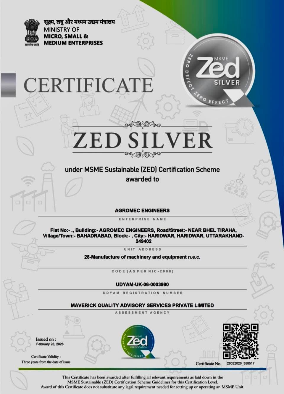 MSME ZED Silver certificate for Agromec Engineers